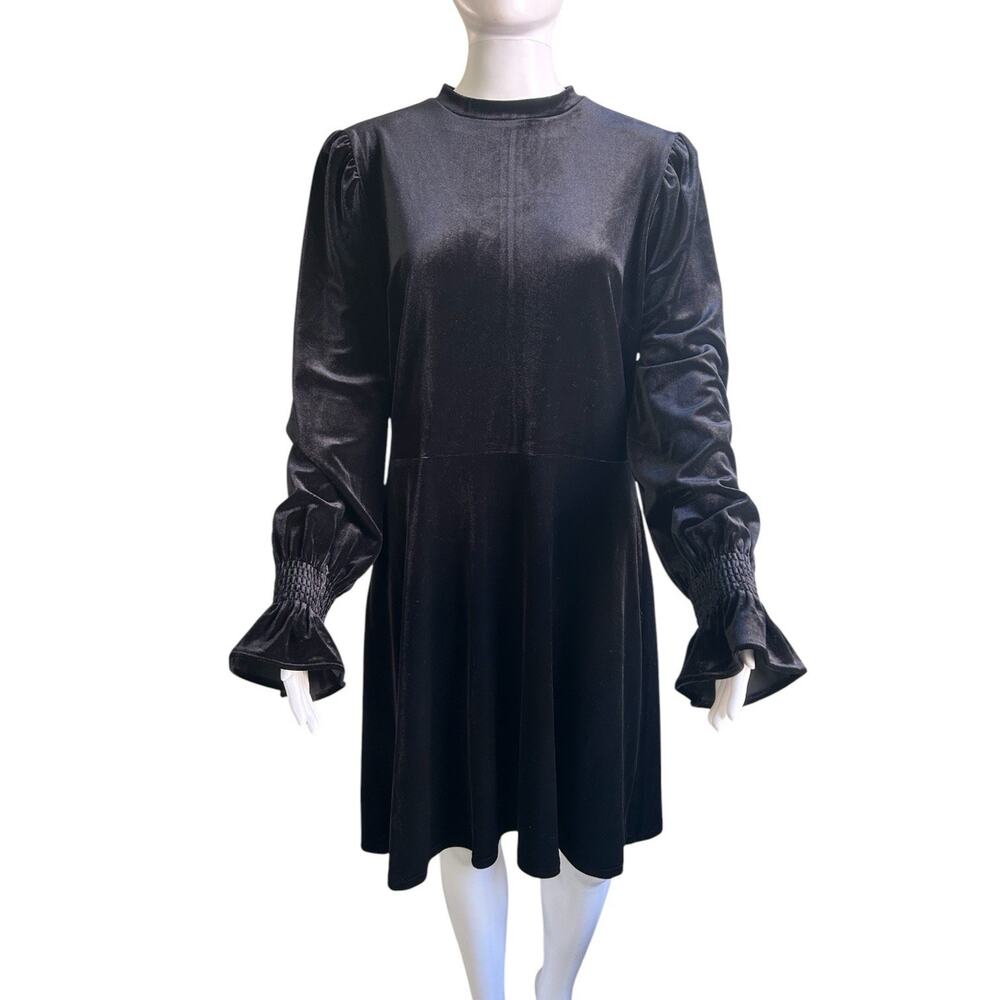 LOFT Velvet Fit Flare Dress Womens 8 Tall Black Puff Sleeve Smocked Cuff NWT